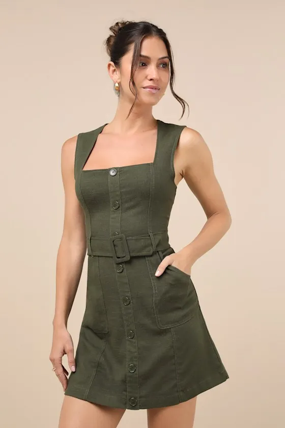 Modern Composure Olive Linen Belted Mini Dress With Pockets sold by Lulus