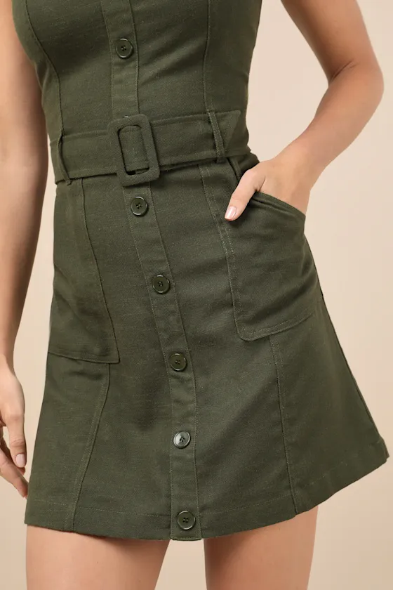 Modern Composure Olive Linen Belted Mini Dress With Pockets sold by Lulus product image thumbnail 4
