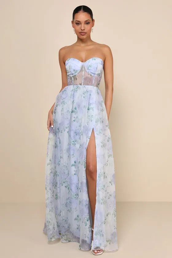 Charming Sweetness Periwinkle Floral Organza Bustier Maxi Dress sold by Lulus