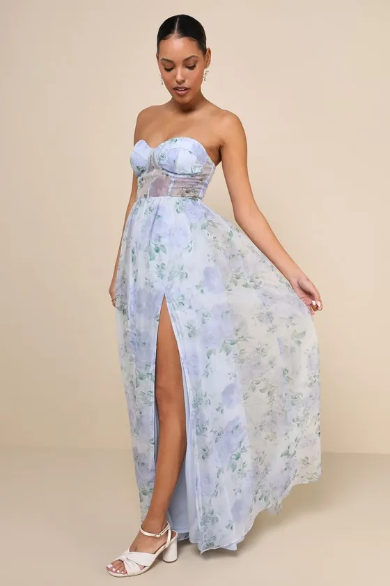 Charming Sweetness Periwinkle Floral Organza Bustier Maxi Dress sold by Lulus product image thumbnail 4