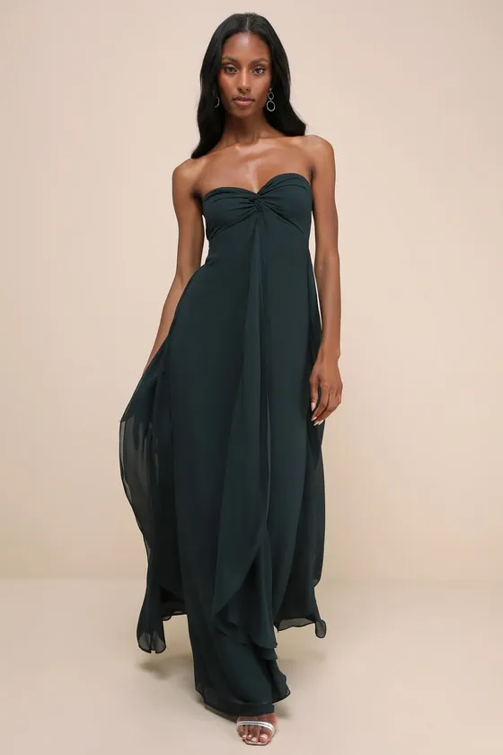 Intricate Perfection Emerald Green Strapless Ruffled Maxi Dress sold by Lulus