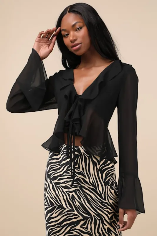 Thriving Flirt Black Chiffon Ruffled Long Sleeve Tie-Front Top sold by Lulus