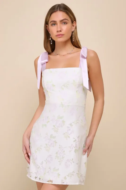 Sweeten the Day Cream Floral Burnout Tie-Strap Mini Dress sold by Lulus