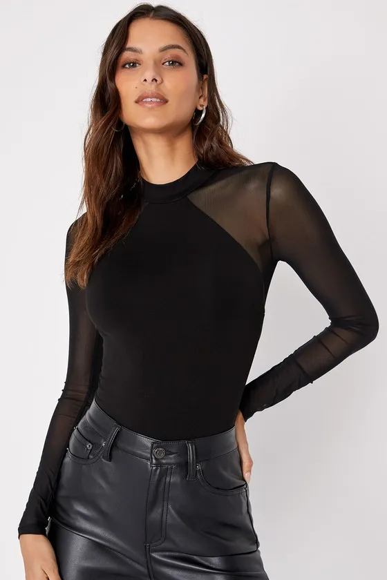 Entrancing Black Mesh Long Sleeve Bodysuit sold by Lulus