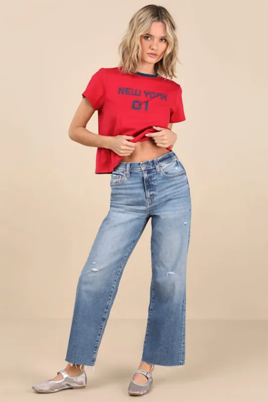 Pleaser Medium Wash Distressed Wide-Leg High-Rise Jeans sold by Lulus
