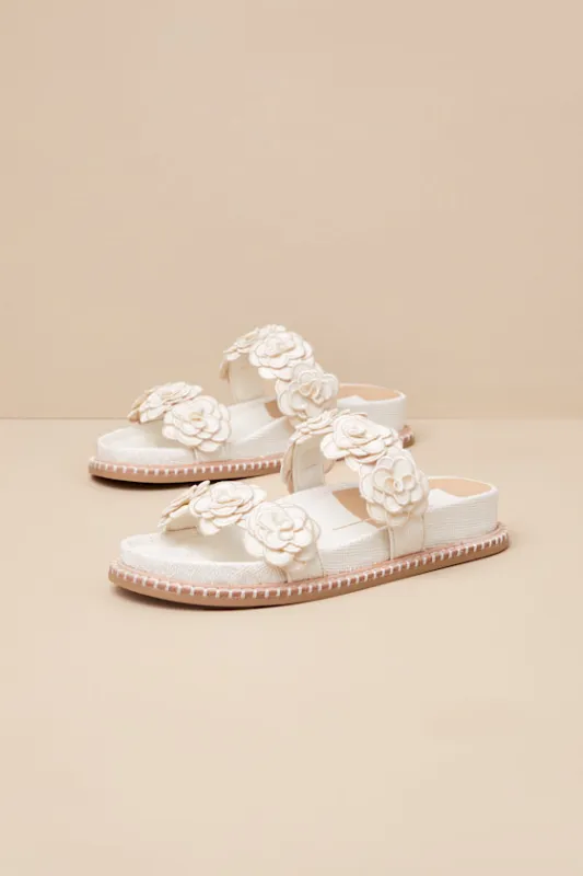 Sherla White Raffia Floral Applique Slide Sandals sold by Lulus