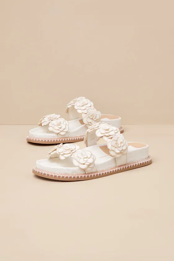 Sherla White Raffia Floral Applique Slide Sandals sold by Lulus