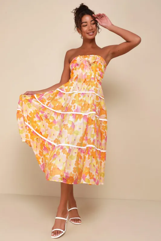 Sunlight Aura Orange Floral Strapless Tiered Midi Dress sold by Lulus