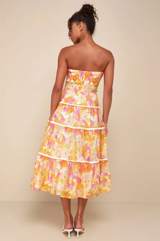 Sunlight Aura Orange Floral Strapless Tiered Midi Dress sold by Lulus product image thumbnail 2