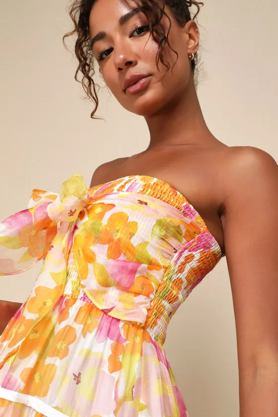 Sunlight Aura Orange Floral Strapless Tiered Midi Dress sold by Lulus product image thumbnail 3