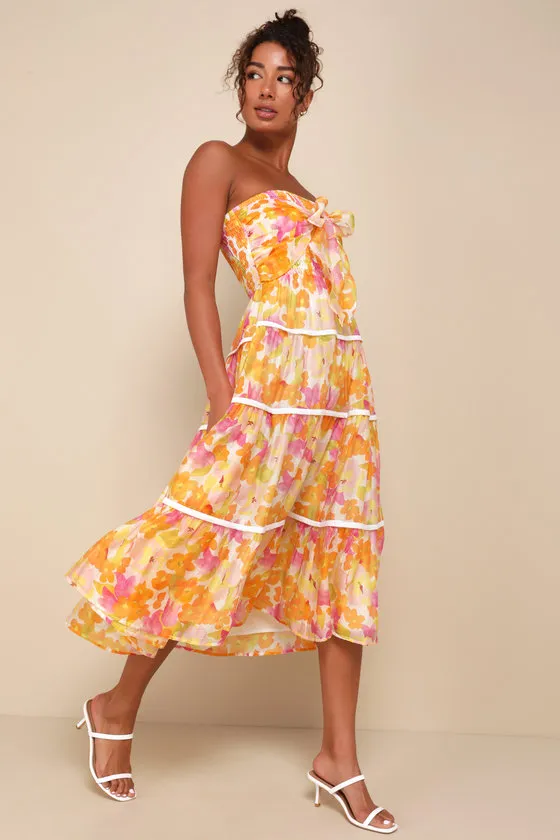 Sunlight Aura Orange Floral Strapless Tiered Midi Dress sold by Lulus product image thumbnail 4