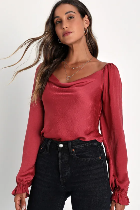 Adoringly Sweet Rusty Rose Satin Cowl Neck Long Sleeve Bodysuit sold by Lulus