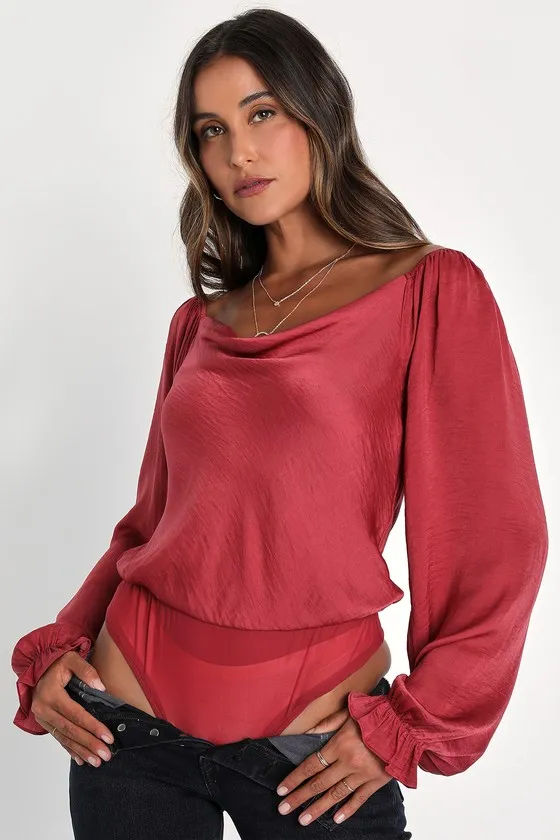 Adoringly Sweet Rusty Rose Satin Cowl Neck Long Sleeve Bodysuit sold by Lulus product image thumbnail 3