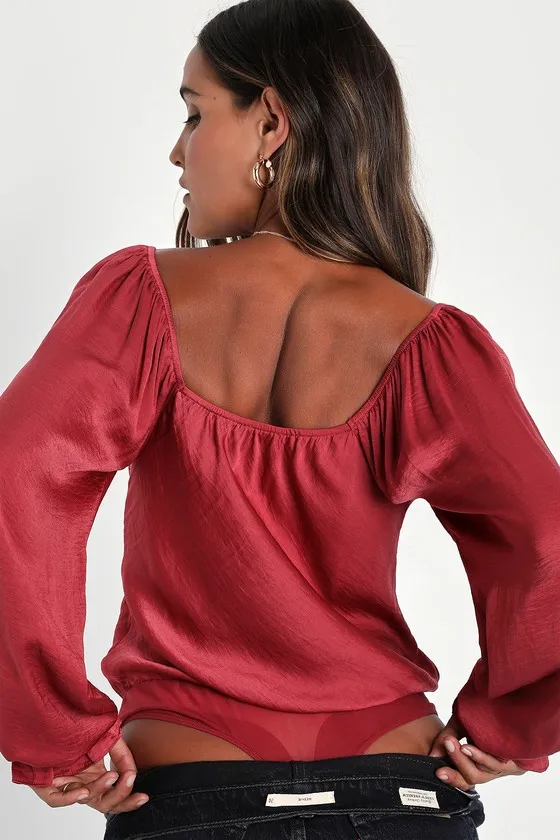 Adoringly Sweet Rusty Rose Satin Cowl Neck Long Sleeve Bodysuit sold by Lulus product image thumbnail 4