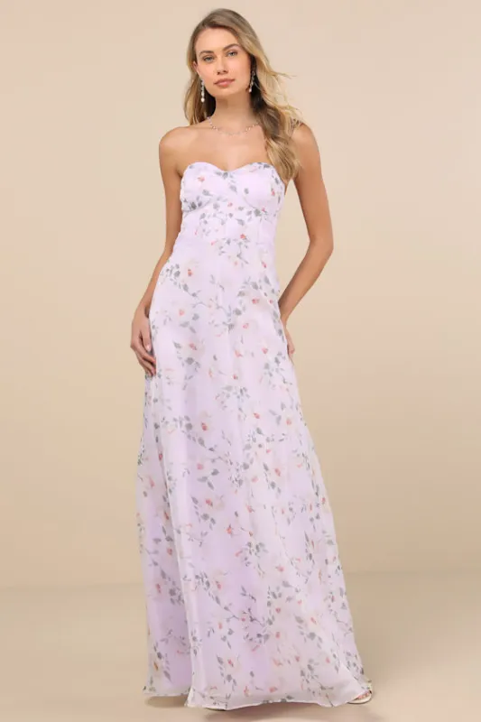 Chic Preciousness Lavender Floral Organza Bustier Maxi Dress sold by Lulus