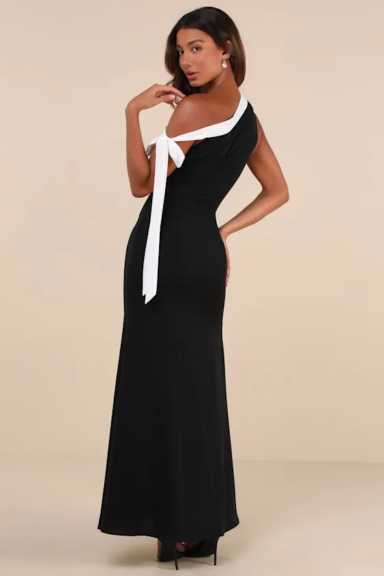 Intriguing Demeanor Black and White Bow One-Shoulder Maxi Dress sold by Lulus product image thumbnail 2