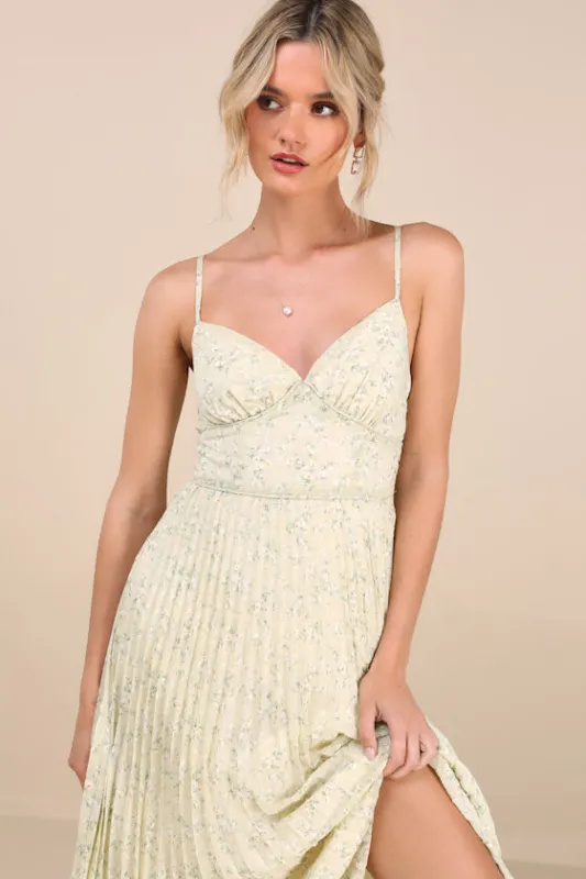 Darling Favorite Yellow Floral Sleeveless Pleated Midi Dress made by Lulus