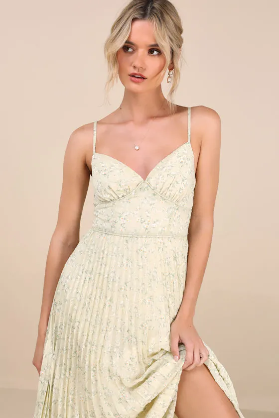 Darling Favorite Yellow Floral Sleeveless Pleated Midi Dress sold by Lulus