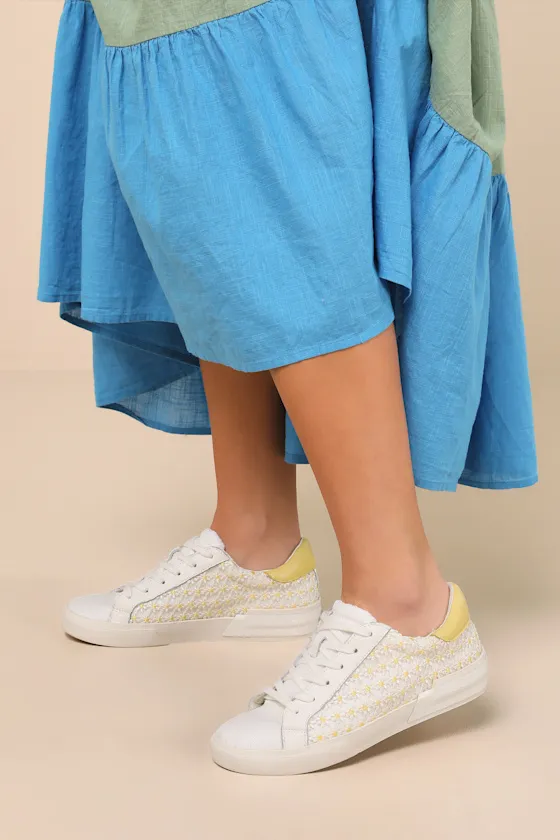 Zina White and Yellow Floral Embroidered Mesh Sneakers sold by Lulus