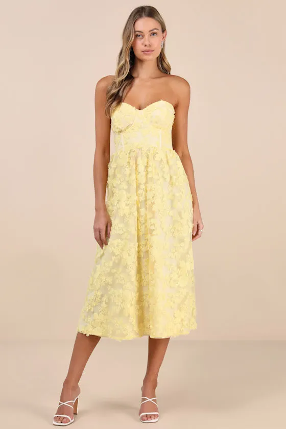 Quite Perfect Yellow Floral Embroidered Strapless Midi Dress sold by Lulus