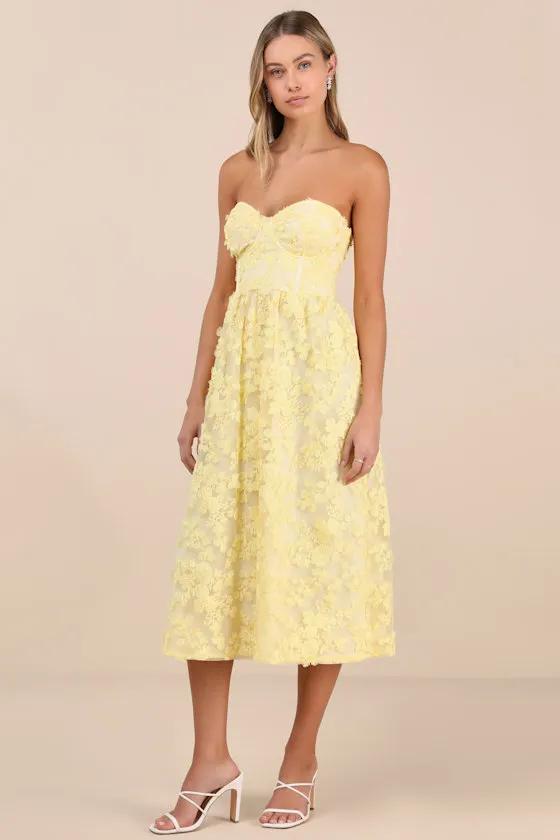 Quite Perfect Yellow Floral Embroidered Strapless Midi Dress sold by Lulus product image thumbnail 2