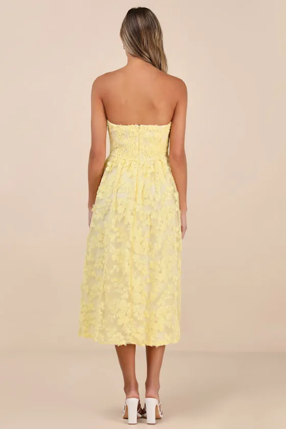 Quite Perfect Yellow Floral Embroidered Strapless Midi Dress sold by Lulus product image thumbnail 3