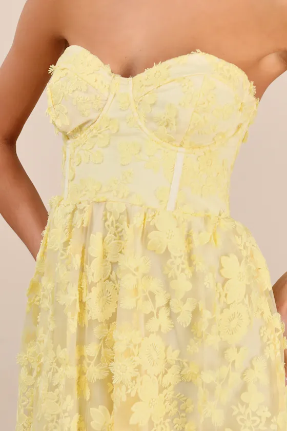 Quite Perfect Yellow Floral Embroidered Strapless Midi Dress sold by Lulus product image thumbnail 4