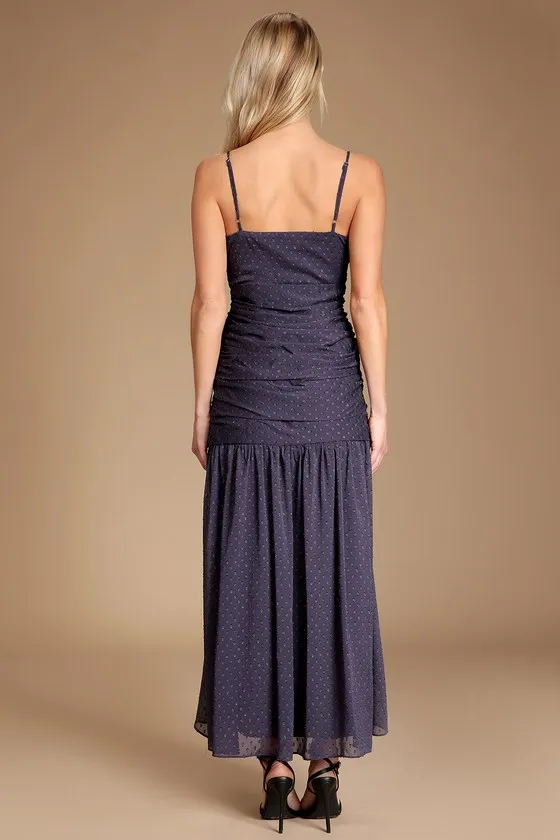 Season of Soirees Navy Blue Clipped Dot Ruffled Maxi Dress sold by Lulus product image thumbnail 3