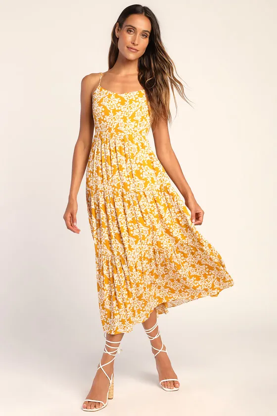 Catching Sunrays Mustard Yellow Floral Print Midi Dress sold by Lulus