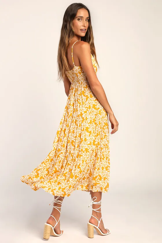 Catching Sunrays Mustard Yellow Floral Print Midi Dress sold by Lulus product image thumbnail 2