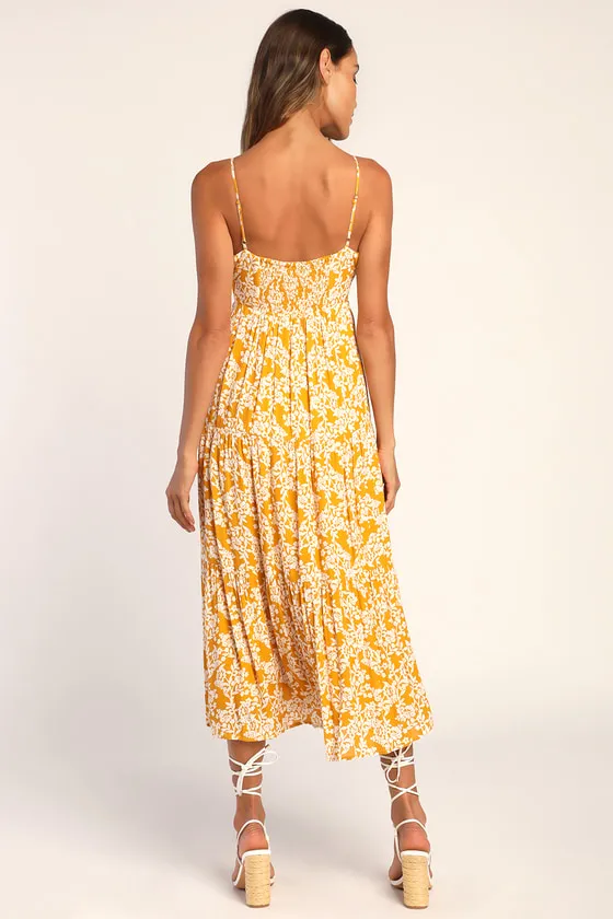 Catching Sunrays Mustard Yellow Floral Print Midi Dress sold by Lulus product image thumbnail 4