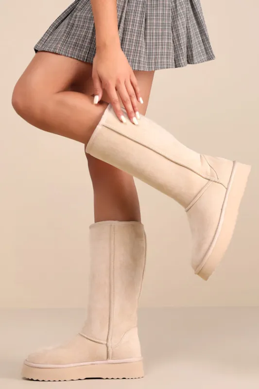 Sun Valley Natural Suede Faux Fur Platform Knee-High Boots sold by Lulus