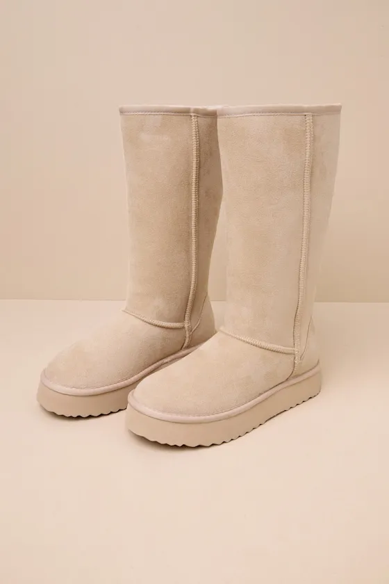 Sun Valley Natural Suede Faux Fur Platform Knee-High Boots sold by Lulus product image thumbnail 2
