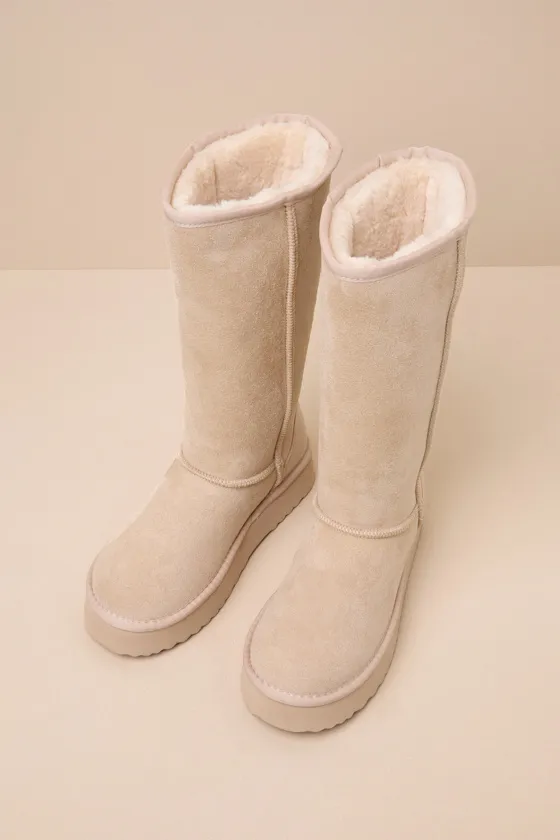 Sun Valley Natural Suede Faux Fur Platform Knee-High Boots sold by Lulus product image thumbnail 3