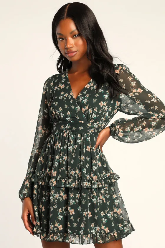 Darling Attitude Dark Green Floral Print Long Sleeve Mini Dress sold by Lulus