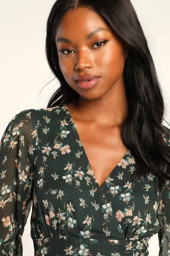 Darling Attitude Dark Green Floral Print Long Sleeve Mini Dress sold by Lulus product image thumbnail 3
