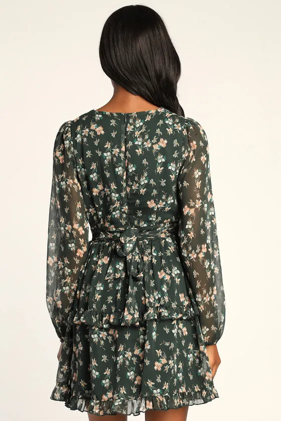Darling Attitude Dark Green Floral Print Long Sleeve Mini Dress sold by Lulus product image thumbnail 4