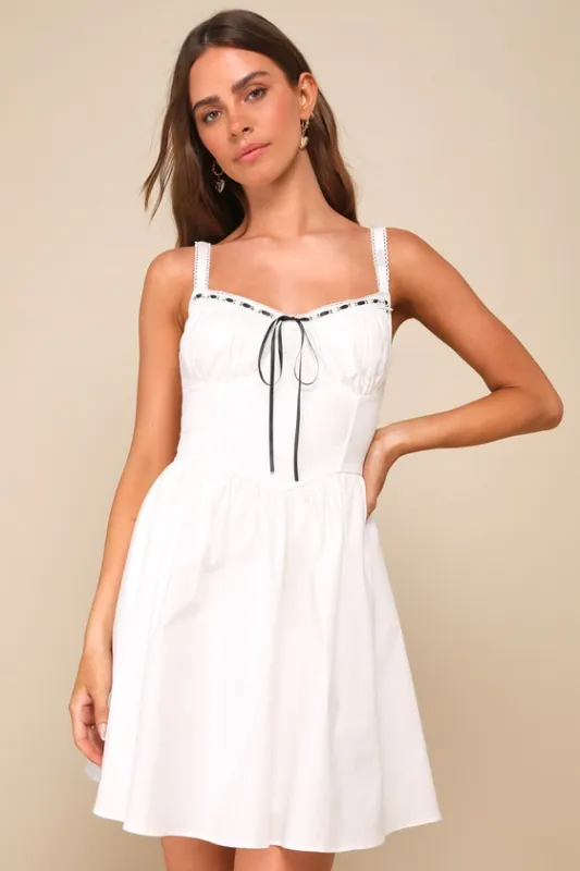 Deeply Charming White Lace Bustier Ribbon Mini Dress sold by Lulus