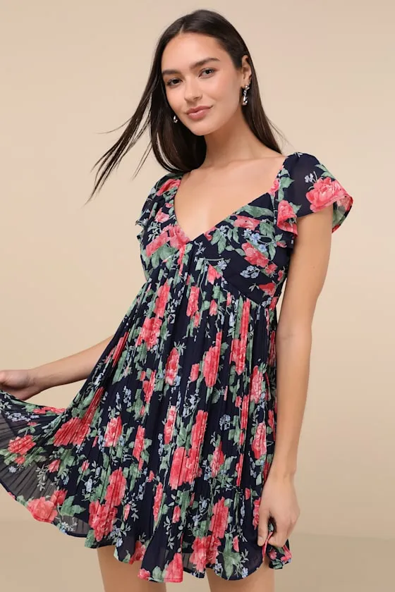 Amalfi Coast Dark Navy Floral Pleated Flutter Sleeve Mini Dress sold by Lulus