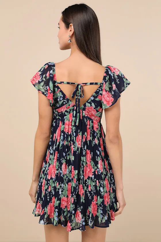 Amalfi Coast Dark Navy Floral Pleated Flutter Sleeve Mini Dress sold by Lulus product image thumbnail 2