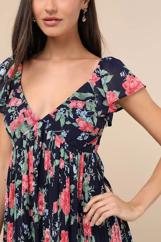 Amalfi Coast Dark Navy Floral Pleated Flutter Sleeve Mini Dress sold by Lulus product image thumbnail 4