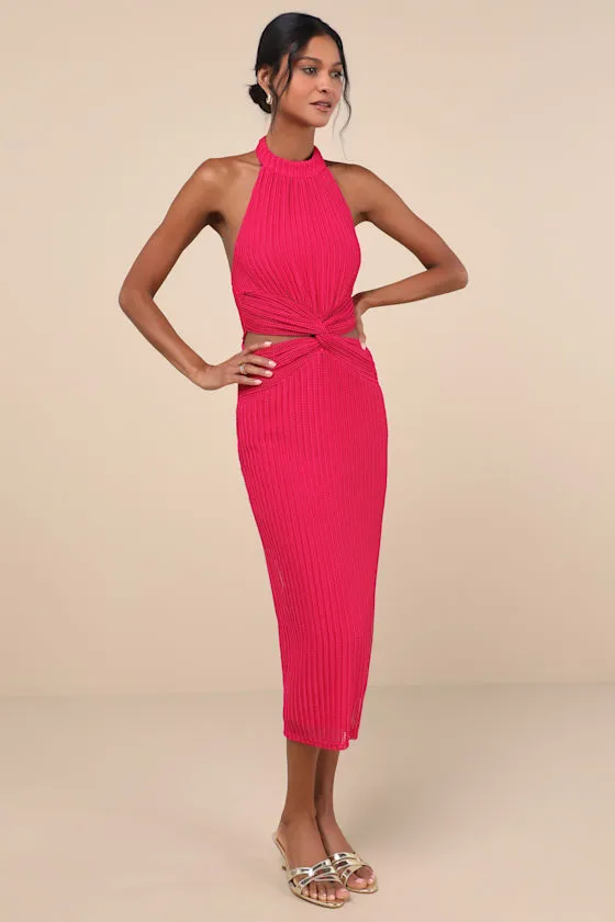 Poised Attitude Berry Pink Halter Cutout Twist-Front Midi Dress sold by Lulus