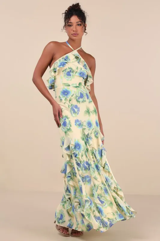 Casey Yellow Floral Halter Ruffled Maxi Dress made by Lulus