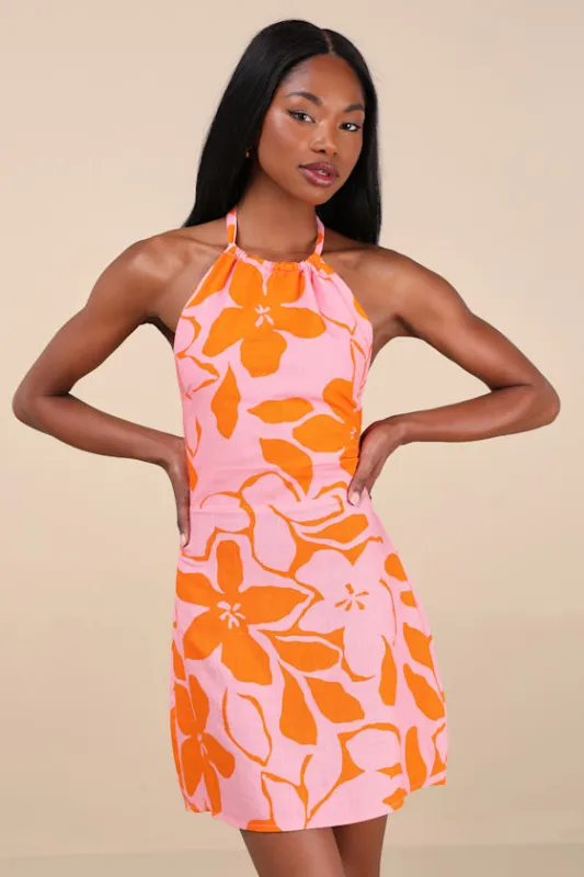 Bora Bora Pink and Orange Floral Linen Halter Mini Dress sold by Lulus