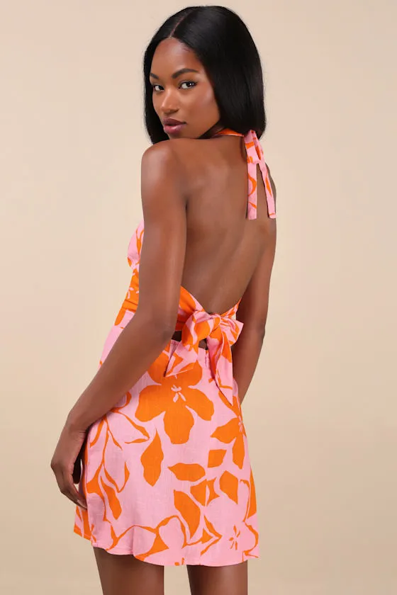 Bora Bora Pink and Orange Floral Linen Halter Mini Dress sold by Lulus product image thumbnail 2
