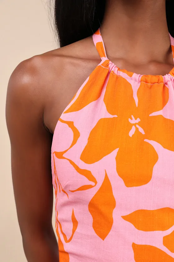 Bora Bora Pink and Orange Floral Linen Halter Mini Dress sold by Lulus product image thumbnail 3