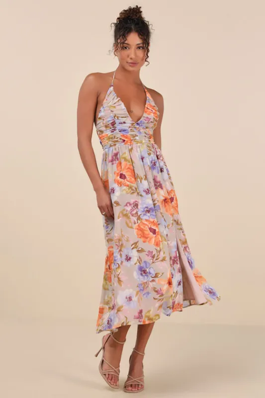 Danelle Taupe Floral Halter A-Line Midi Dress sold by Lulus