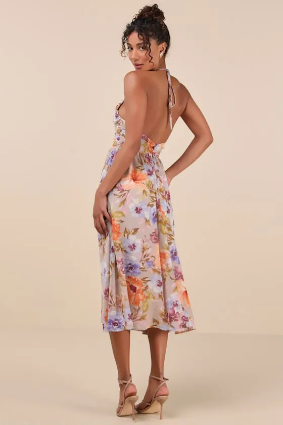 Danelle Taupe Floral Halter A-Line Midi Dress sold by Lulus product image thumbnail 3