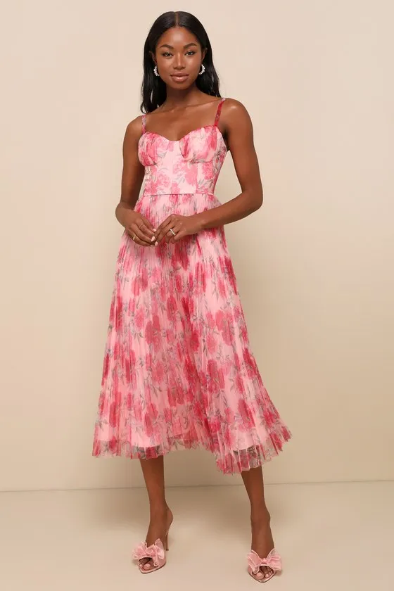 Alluring Invite Light Pink Floral Pleated Bustier Midi Dress sold by Lulus