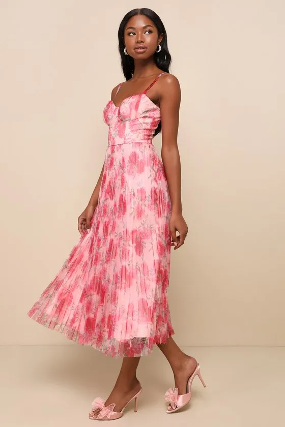 Alluring Invite Light Pink Floral Pleated Bustier Midi Dress sold by Lulus product image thumbnail 2